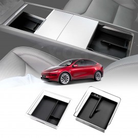 Centre Console Organizer Tray for Tesla Model Y L 6-Seat 2026-Onwards Premium Storage Box Drawer Container with Black Silicone Mat