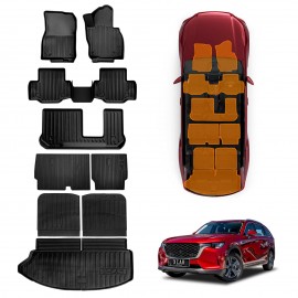 3D Floor Mats Boot Liner Set for Mazda CX-80 CX80 2024-Onwards All Weather Heavy Duty Cargo Kick Mats Back Seat Protector Cover
