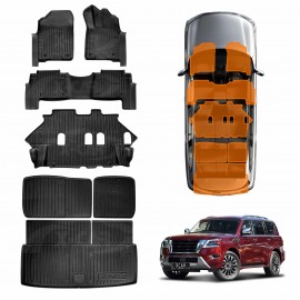 Floor Mats Boot Liners Set for Nissan Patrol 2012-Onwards Y62 Series All Weather Heavy Duty 3 Pcs Version Cargo Car Trunk Luggage Tray